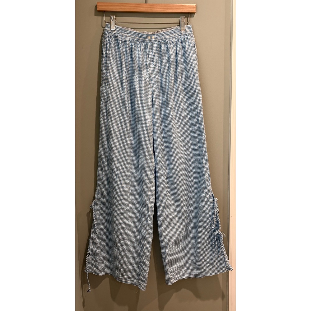 Aerie Blue Gingham Wide Leg Pajama Pants Side Tie Slit Small